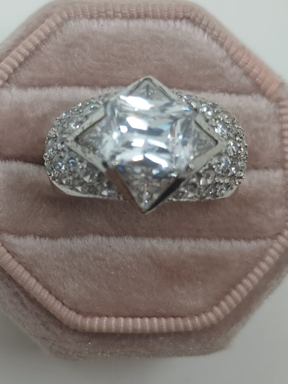 925 Sterling Silver Radiant and Trillion Cut CZ Statement Ring Sz 9 3/4